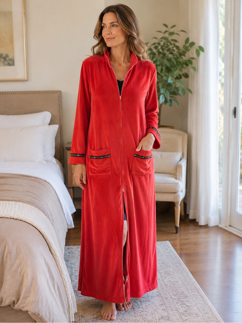 NWT Lanz of Salzburg Red Velour Zip Front Long Robe Large Loungewear Pockets